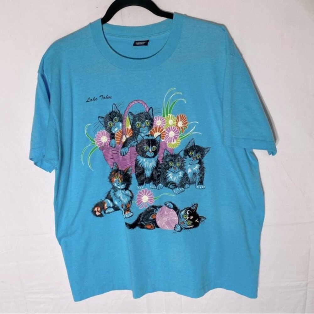 Vintage 90s Screen Starts Best Blue Single Stitch Lake Tahoe TShirt W Kittens XL